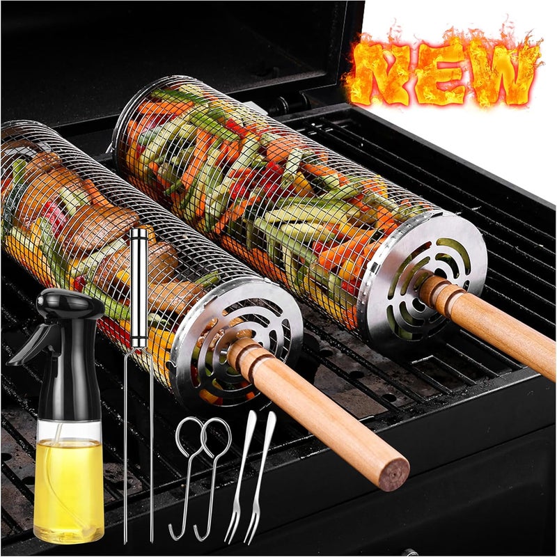AUCMA Rolling Grilling Baskets for Outdoor Grill Bbq Net Tube Stainless Steel Large Round Mesh Barbecue Accessories Must Have Cylinder Cage Picnic Gear Cooking Camping Basket for Veggies Vegetable Fish - Image 1